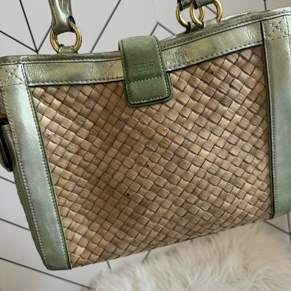 Coach Metallic Green and Tan Woven Satchel - Picture 14 of 16